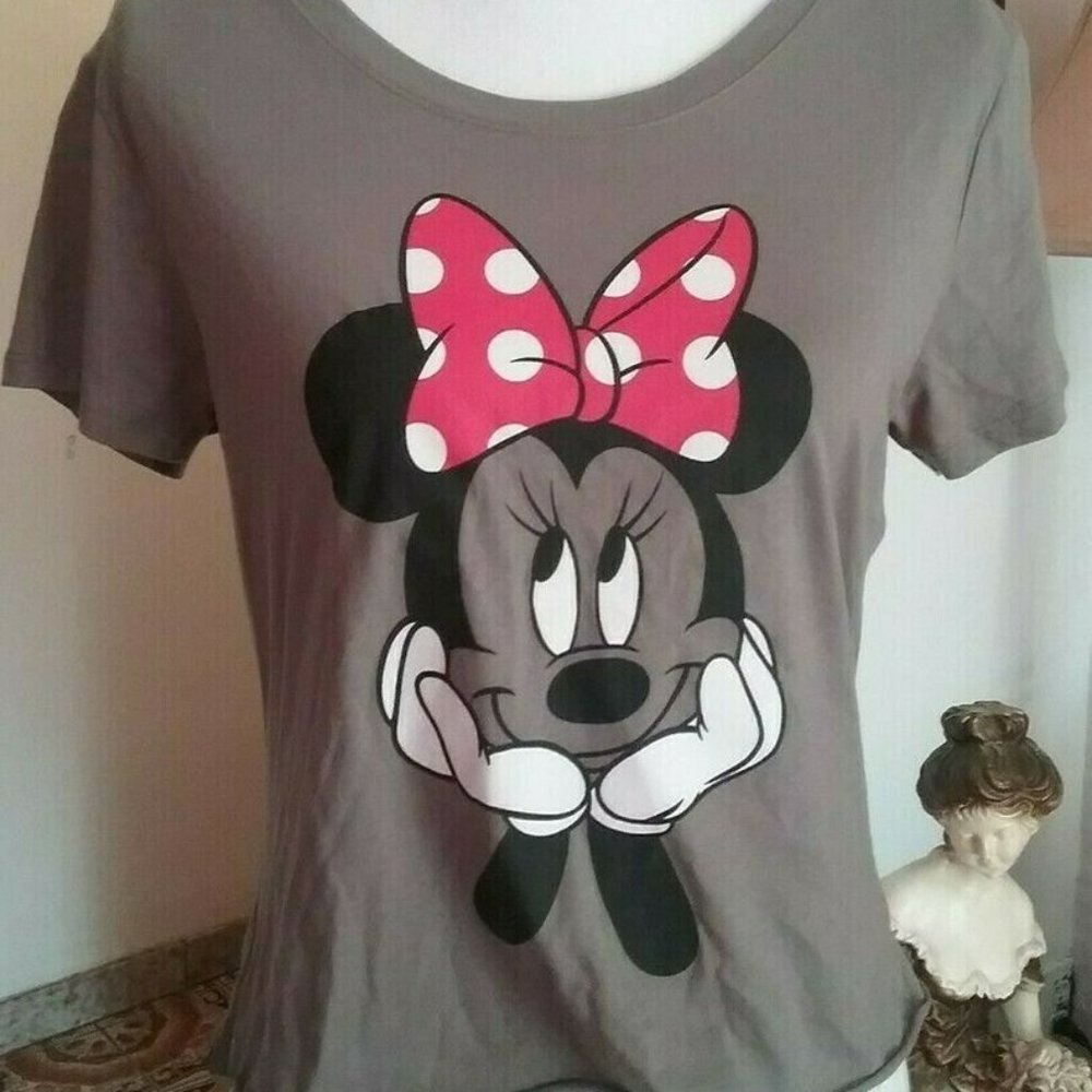 Disney L Women's Minnie Mouse Gray White Red Bow T-shirt Large Ladies Top